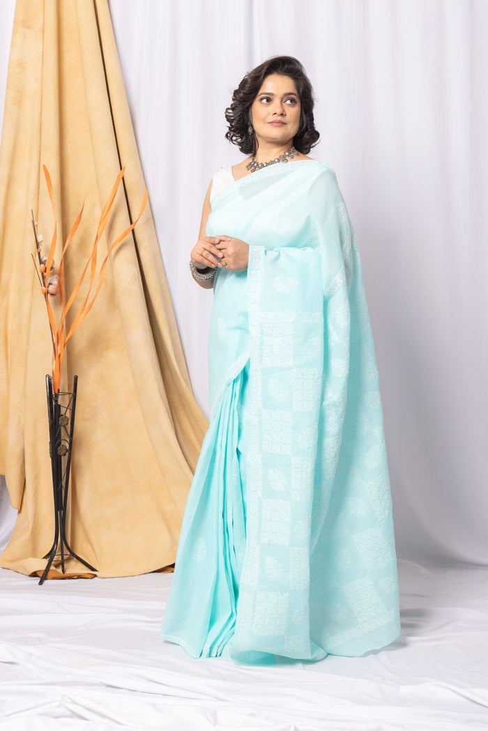 MeMaana Handcrafted Sea Green Cotton Chikankari Saree-Blouse Fabnuma