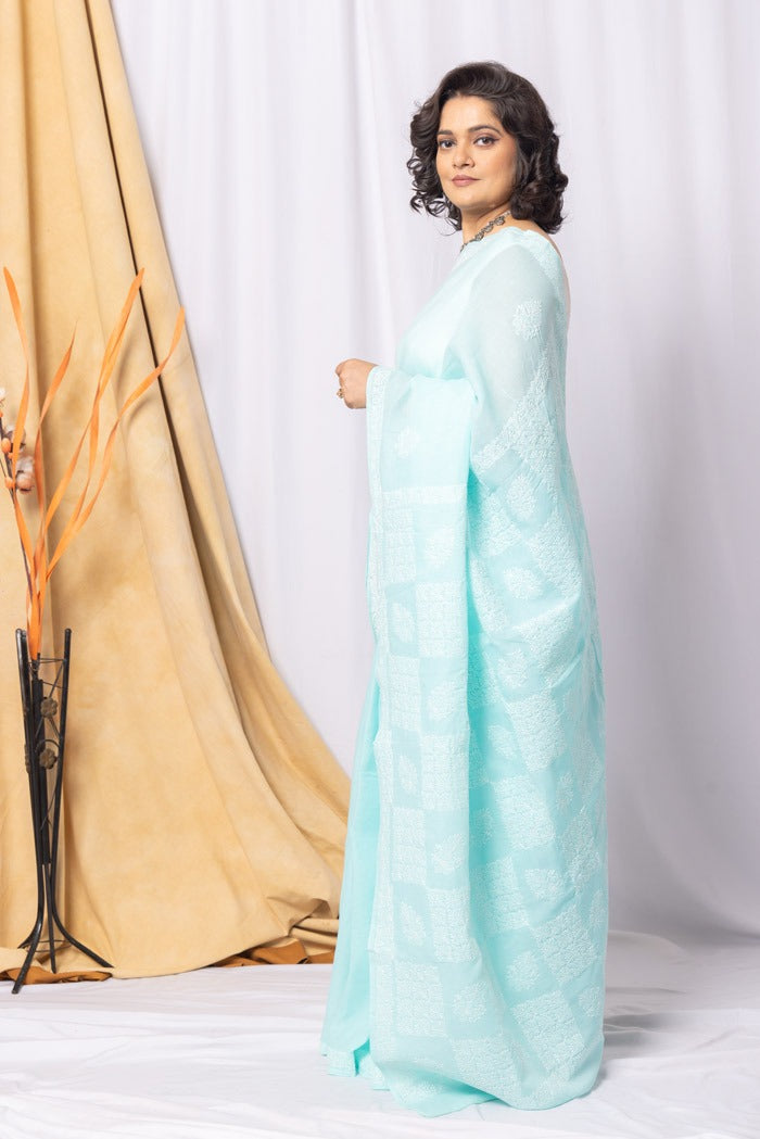 MeMaana Handcrafted Sea Green Cotton Chikankari Saree-Blouse Fabnuma