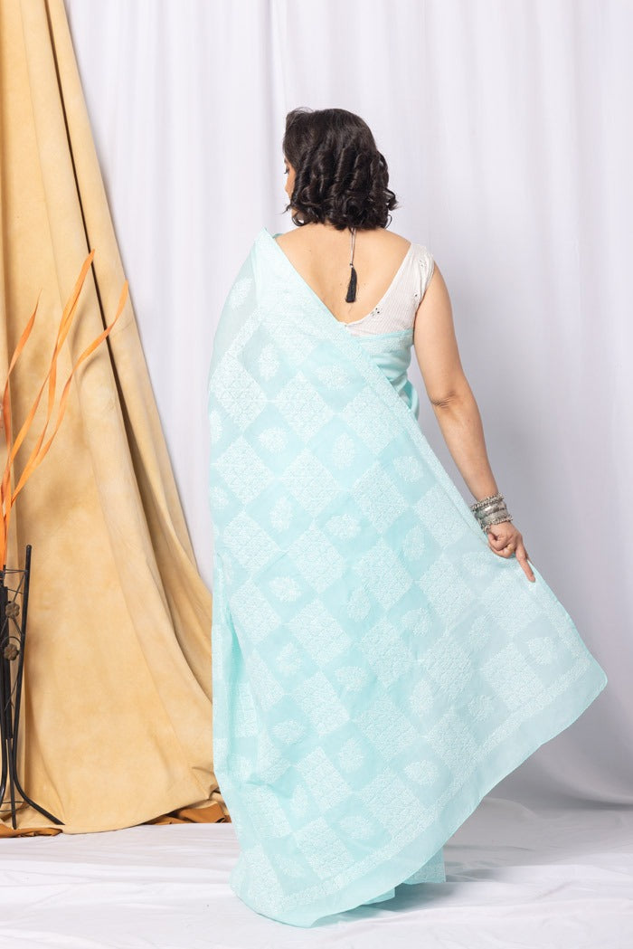 MeMaana Handcrafted Sea Green Cotton Chikankari Saree-Blouse Fabnuma