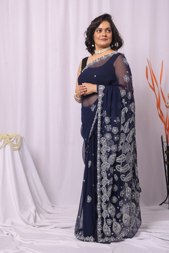 MeMaana Handcrafted Navy Blue Georgette Chikankari Sequence Pearl Work Saree-Blouse MeMaana