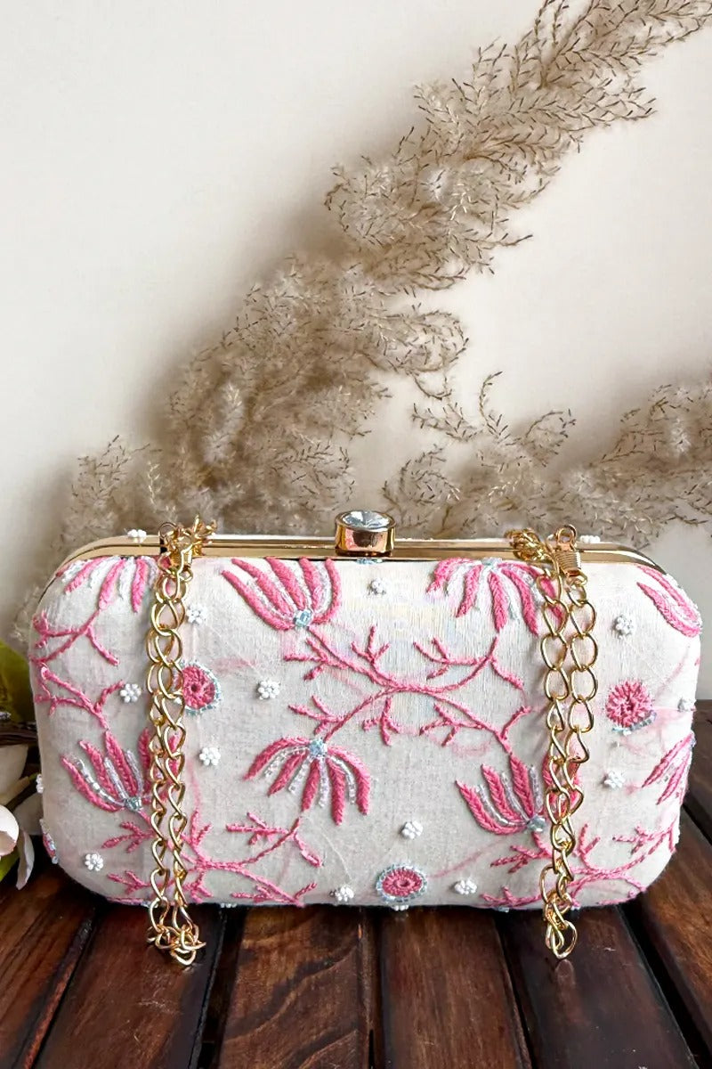 MeMaana Handcrafted White Chikankari Clutch with Pearl Work Fabnuma