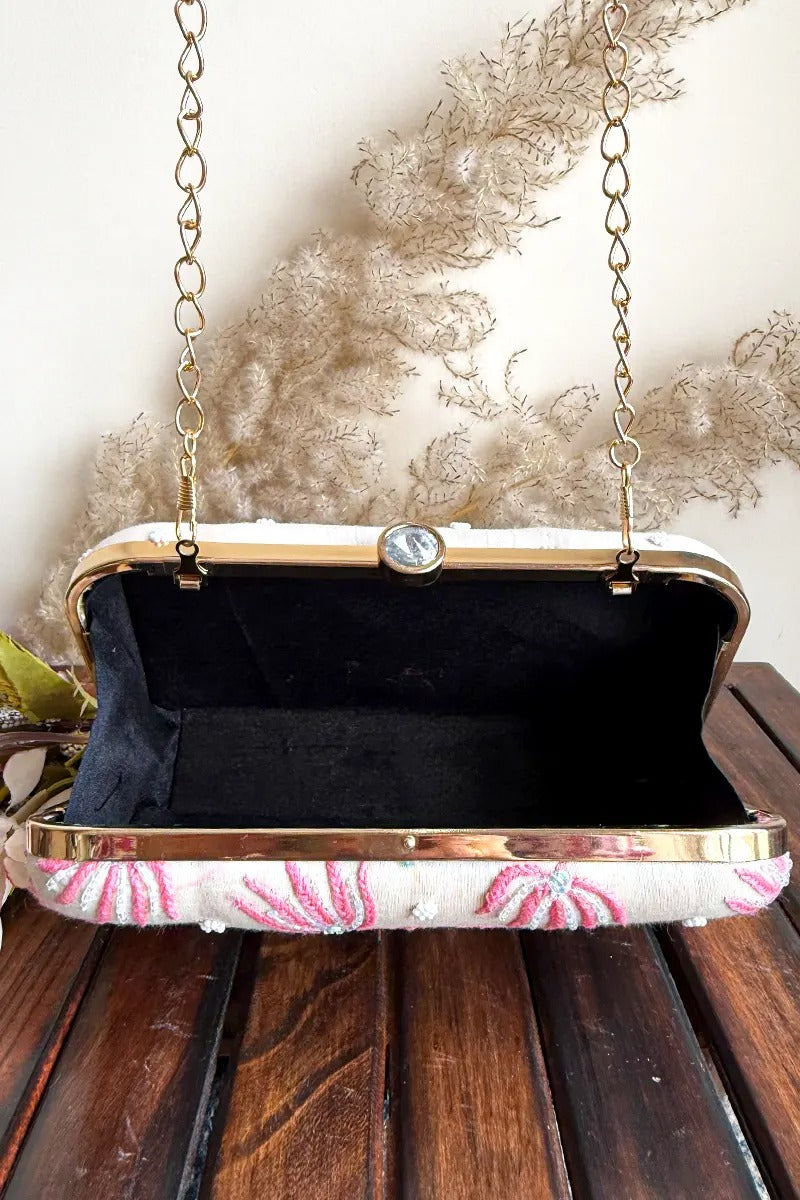 MeMaana Handcrafted White Chikankari Clutch with Pearl Work Fabnuma