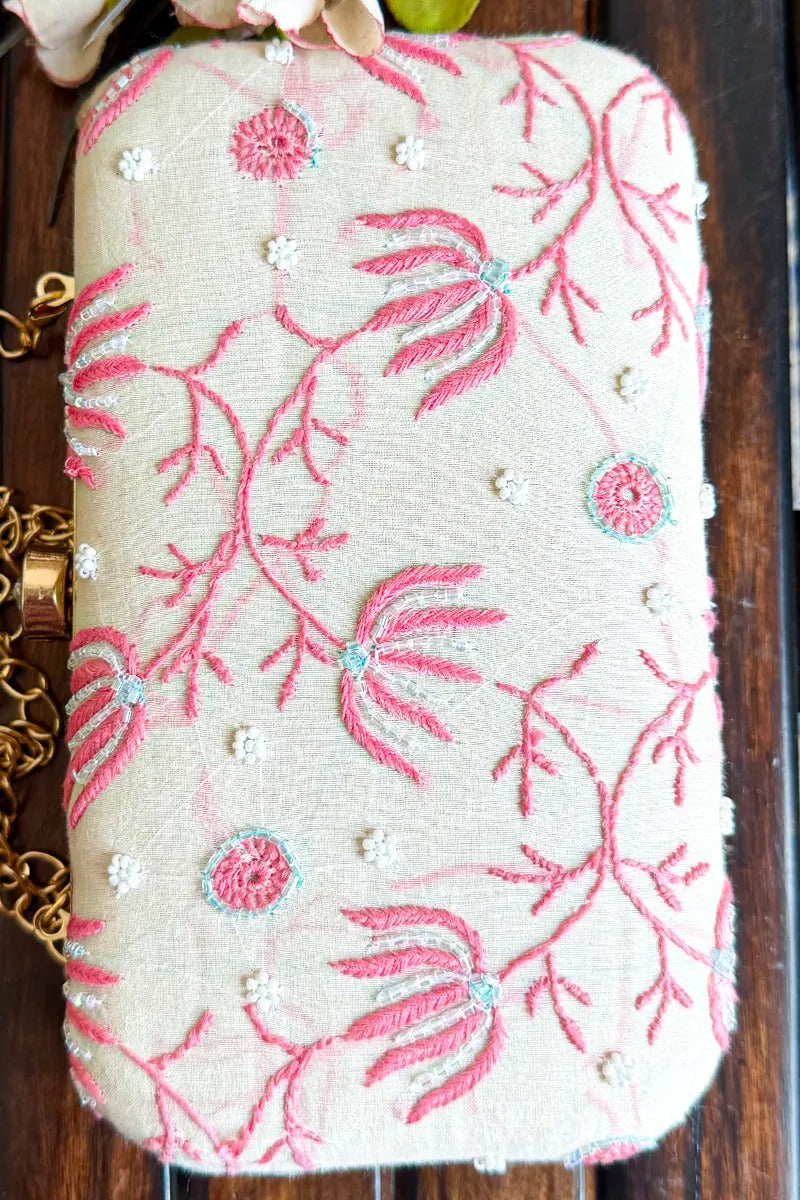 MeMaana Handcrafted White Chikankari Clutch with Pearl Work Fabnuma