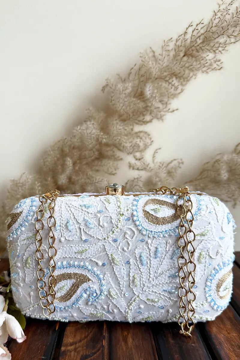 MeMaana Handcrafted White Chikankari Clutch with Pearl & Sequin Work Fabnuma