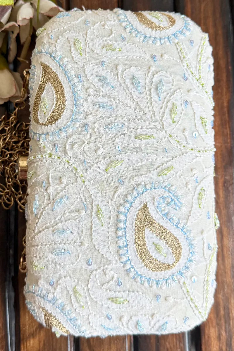 MeMaana Handcrafted White Chikankari Clutch with Pearl & Sequin Work Fabnuma