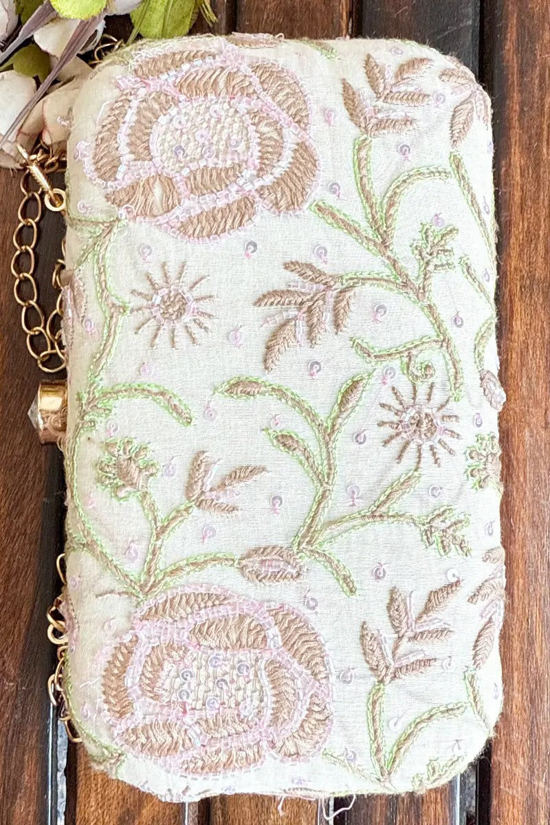 MeMaana Handcrafted White Chikankari Clutch with Pearl & Sequin Work Fabnuma