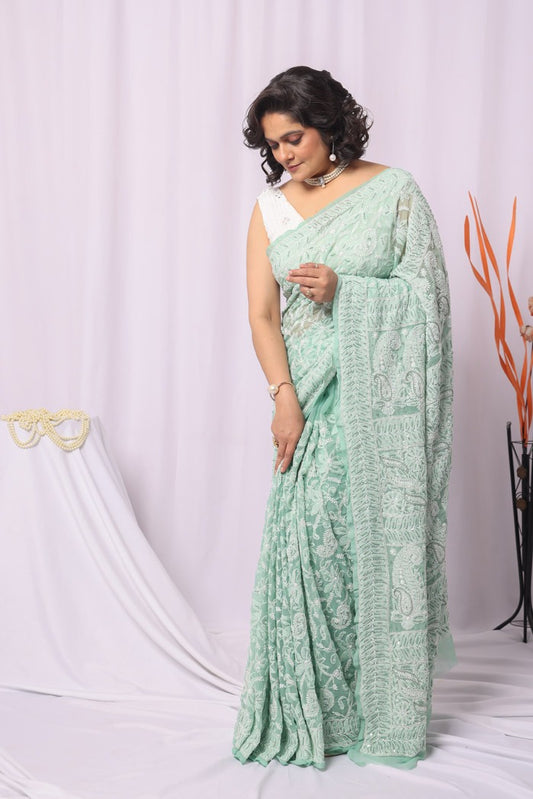 MeMaana Handcrafted Pista Green Georgette Sequence Pearl Work Chikankari Saree-Blouse Fabnuma