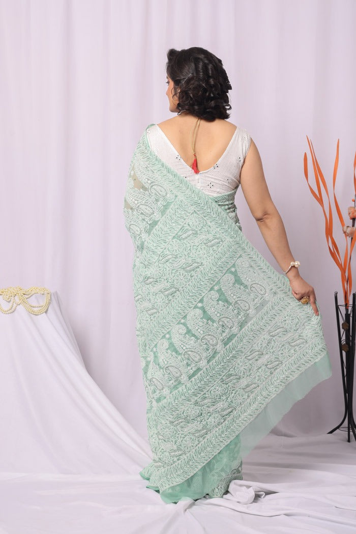 MeMaana Handcrafted Pista Green Georgette Sequence Pearl Work Chikankari Saree-Blouse Fabnuma