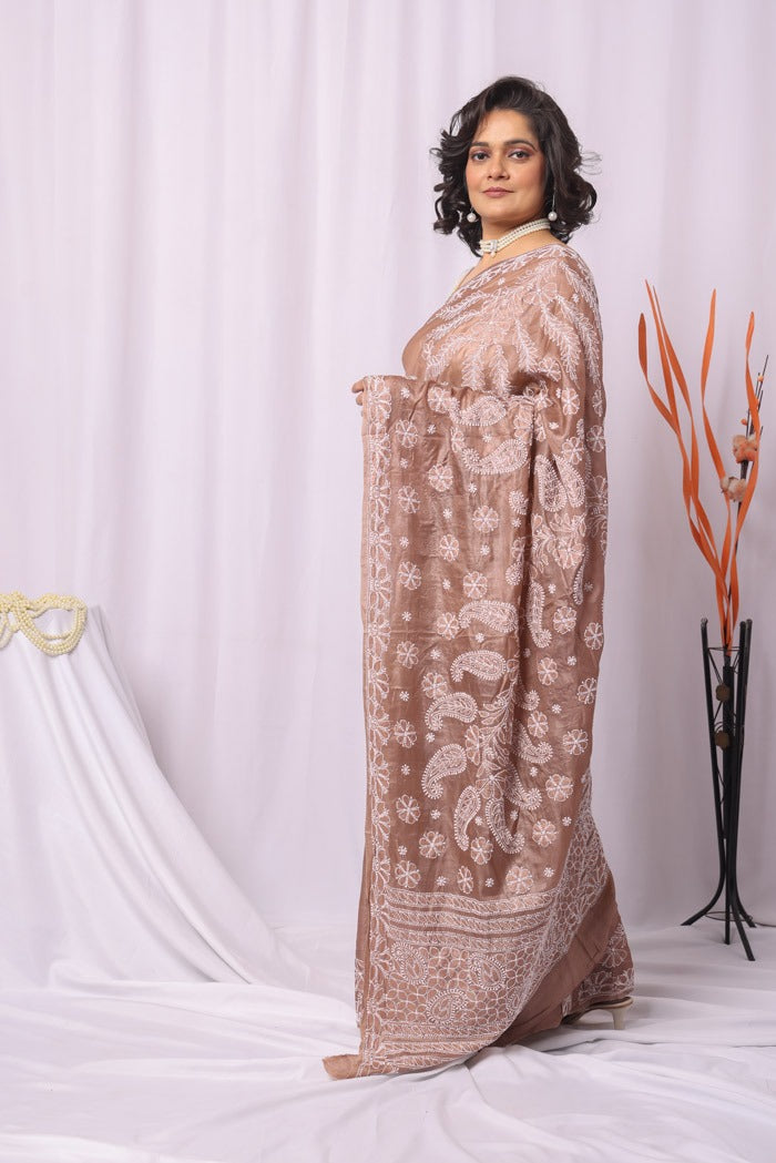 MeMaana Handcrafted Brown Tussar Silk Chikankari Saree-Blouse Fabnuma