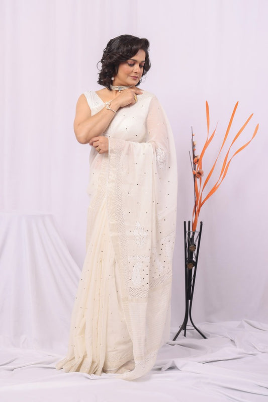 MeMaana Handcrafted White Pure Georgette Chikankari Saree-Blouse Fabnuma