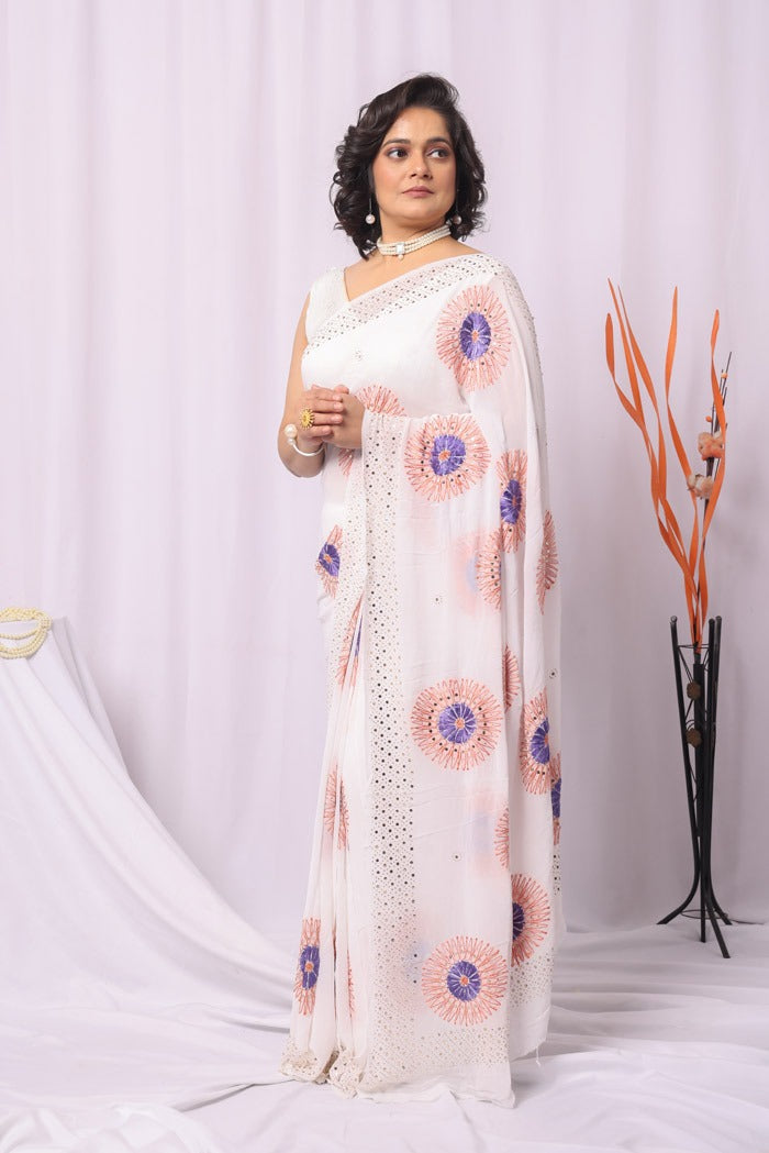 MeMaana Handcrafted White Viscose With Mukaish Work Chikankari Saree-Blouse Fabnuma