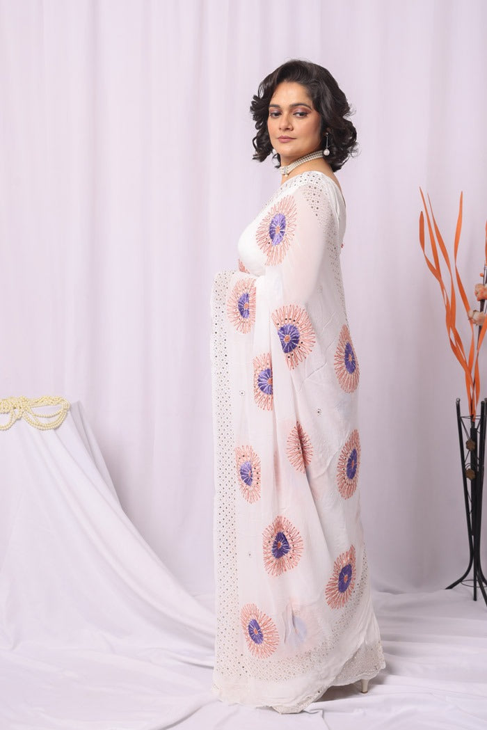 MeMaana Handcrafted White Viscose With Mukaish Work Chikankari Saree-Blouse Fabnuma