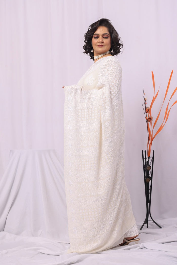 MeMaana Handcrafted White Pure Georgette Chikankari Saree-Blouse Fabnuma