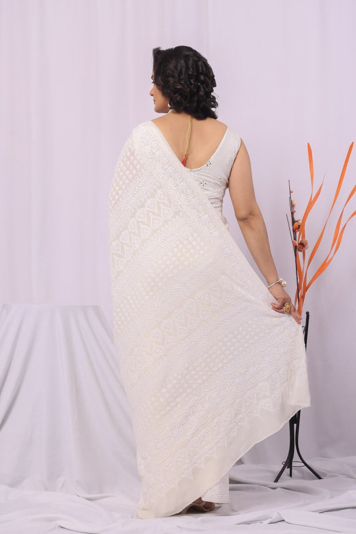 MeMaana Handcrafted White Pure Georgette Chikankari Saree-Blouse Fabnuma