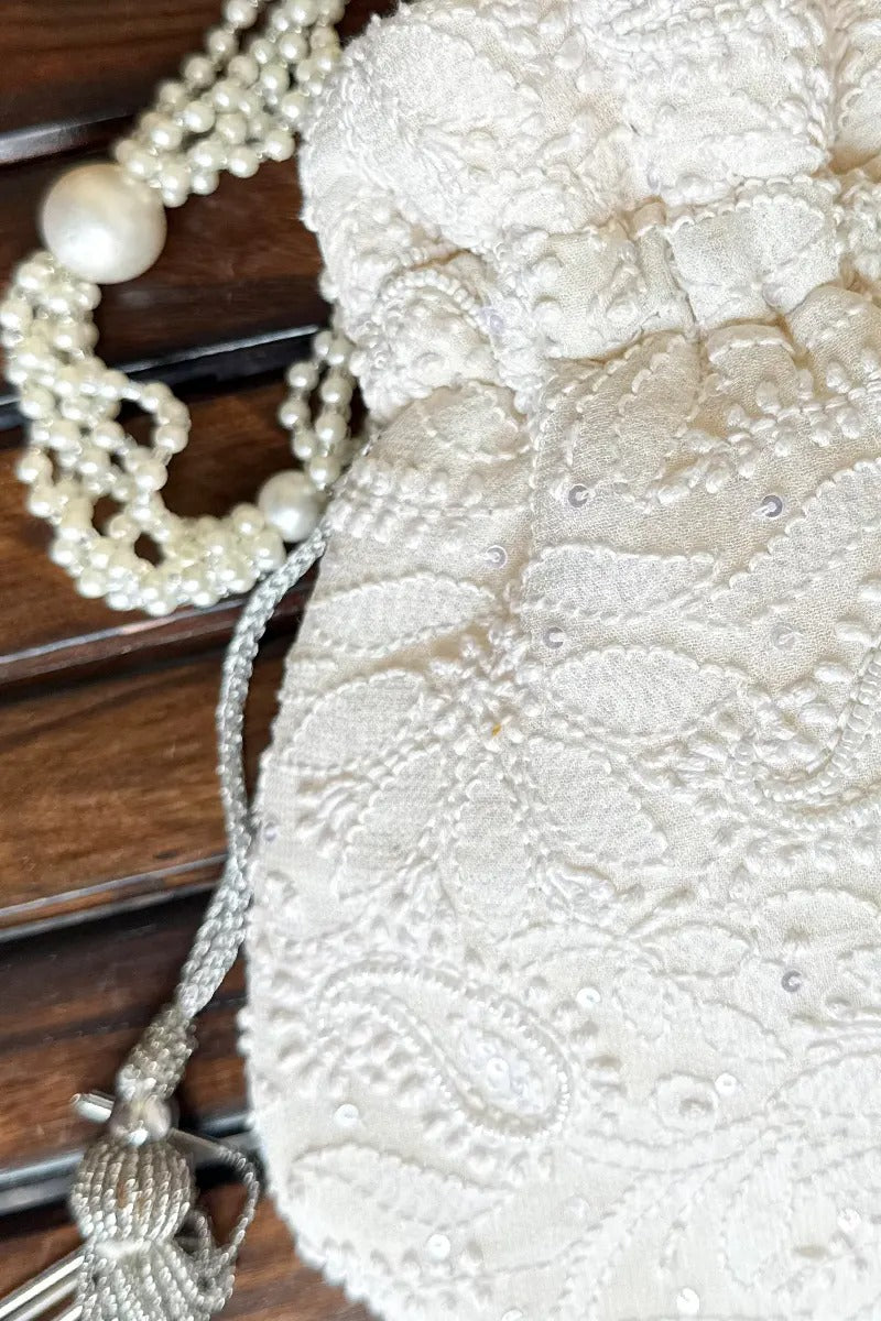 MeMaana Handcrafted White Chikankari Potli with Pearl & Sequin Work Fabnuma