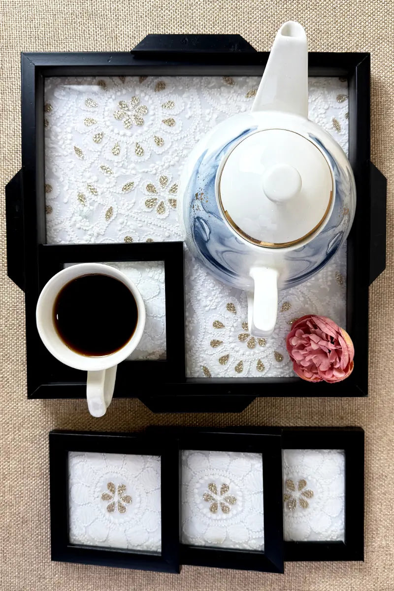 White Handcrafted Lucknowi Chikankari Tray & Tea Coaster Set With hand-embroidered Lucknowi Chikankari