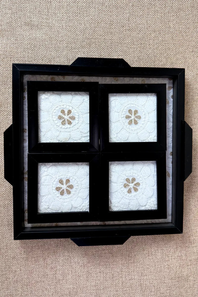 White Handcrafted Lucknowi Chikankari Tray & Tea Coaster Set With hand-embroidered Lucknowi Chikankari
