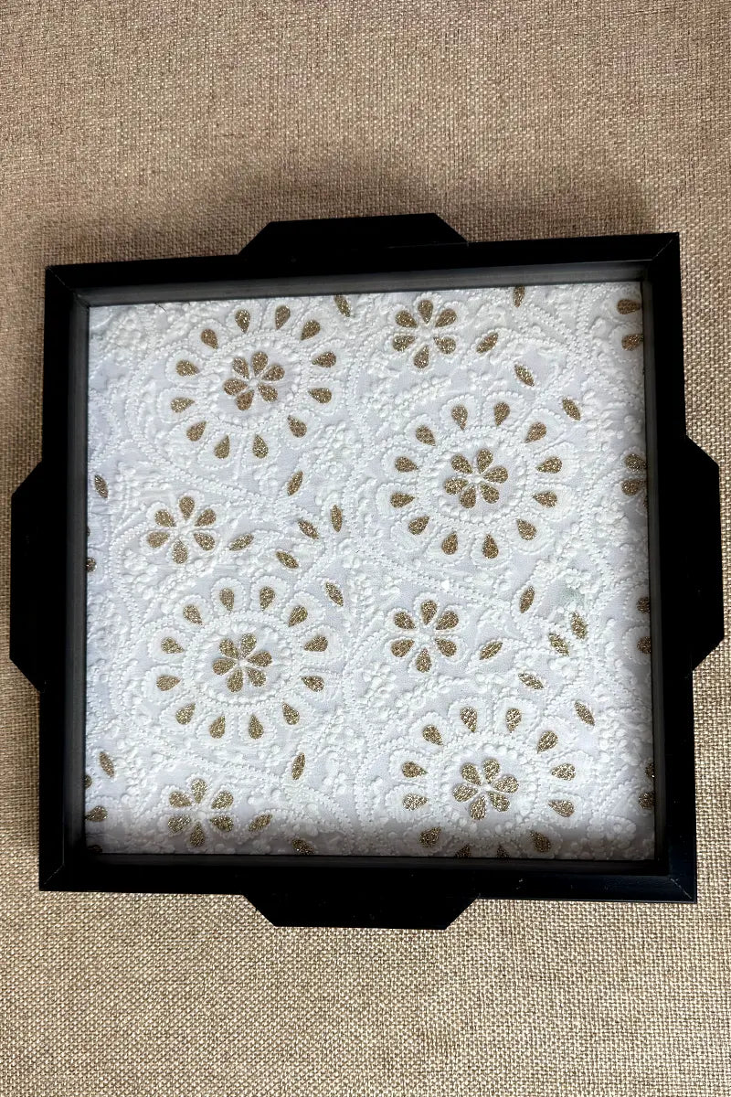 White Handcrafted Lucknowi Chikankari Tray & Tea Coaster Set With hand-embroidered Lucknowi Chikankari