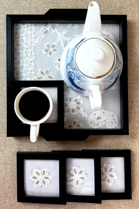White Handcrafted Lucknowi Chikankari Tray & Tea Coaster Set With hand-embroidered Lucknowi Chikankari