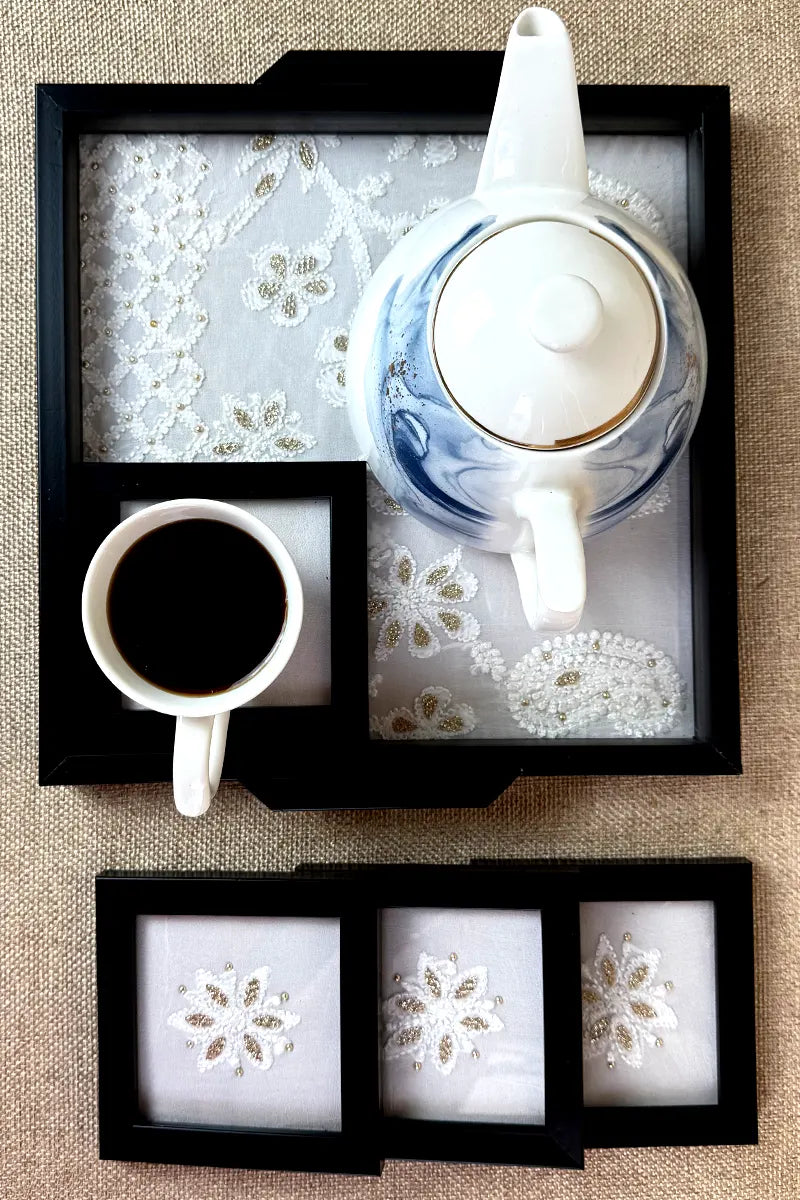 White Handcrafted Lucknowi Chikankari Tray & Tea Coaster Set With hand-embroidered Lucknowi Chikankari