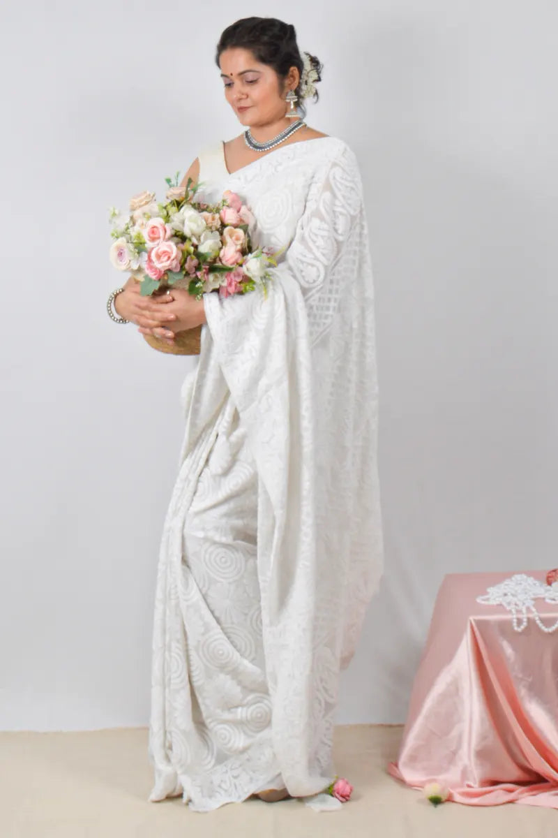 White pure georgette saree with allover hand-embroidered Lucknowi Chikankari and matching blouse – handcrafted ethnic saree by Fabnuma

