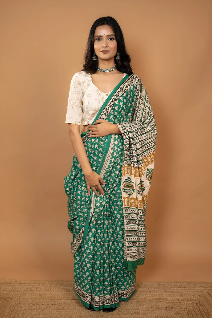 White hand block printed mulmul cotton saree