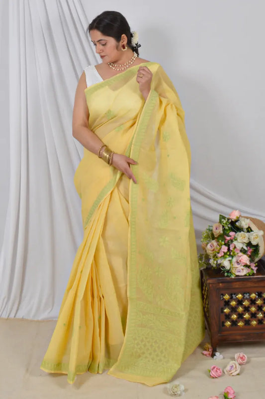 Handcrafted Yellow Cotton Saree with intricate Lucknowi Chikankari embroidery and a matching Blouse, ideal for Festive and  occasions.