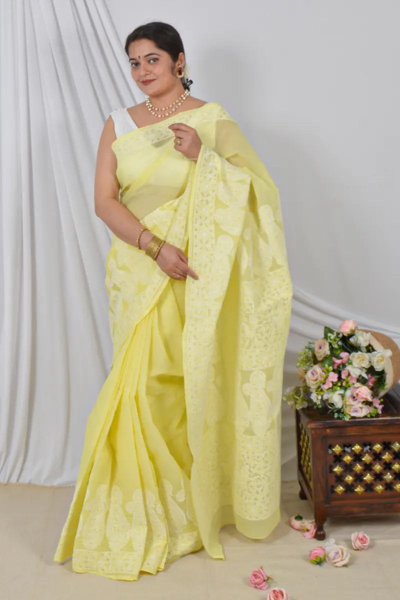 Memaana Handcrafted Yellow Cotton Saree with Blouse Lucknowi Chikankari