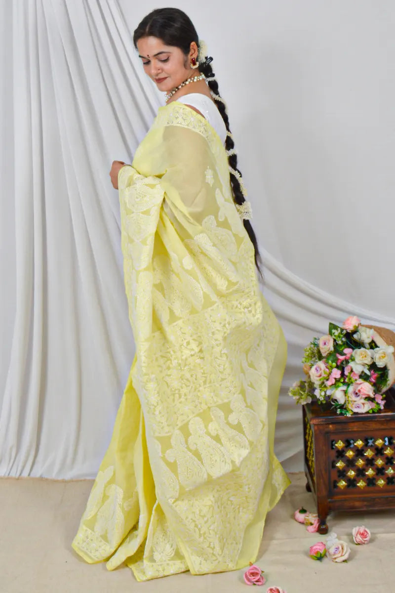 Memaana Handcrafted Yellow Cotton Saree with Blouse Lucknowi Chikankari