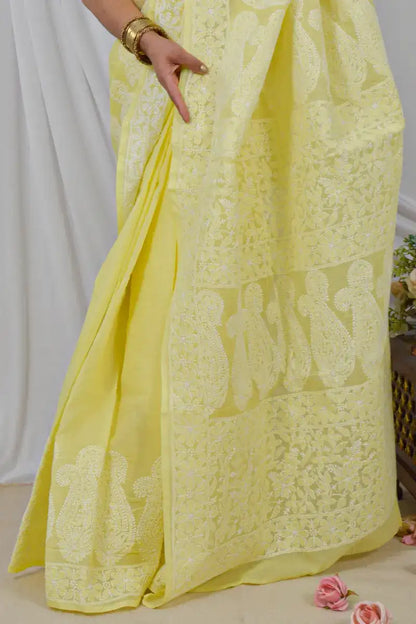 Memaana Handcrafted Yellow Cotton Saree with Blouse Lucknowi Chikankari