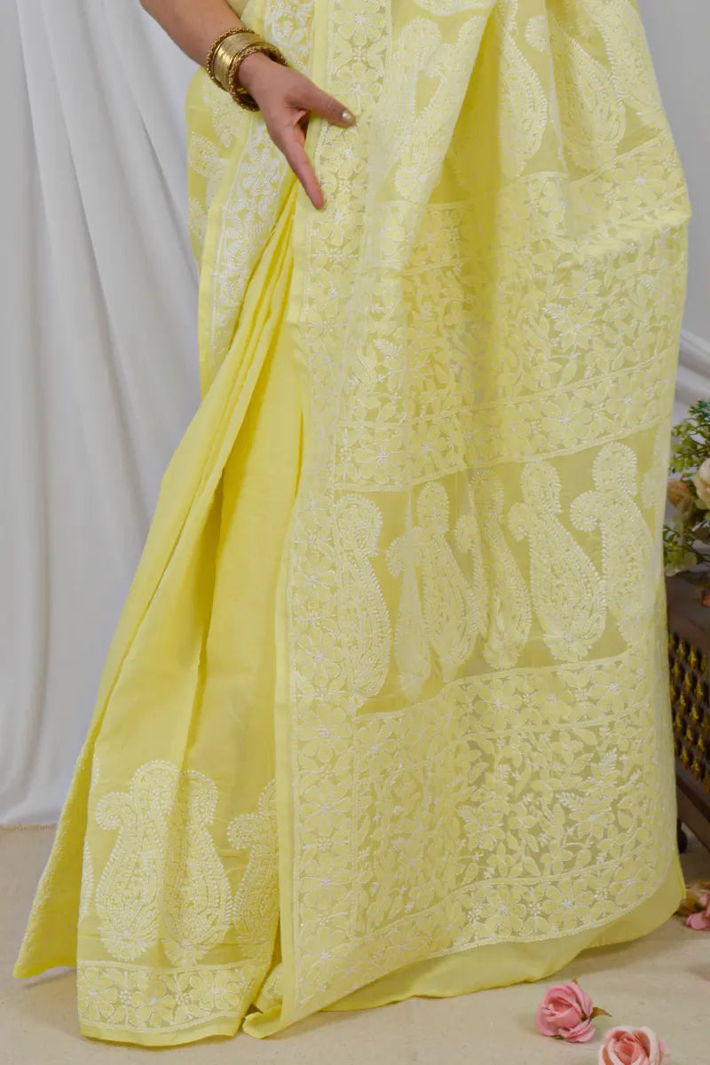 Memaana Handcrafted Yellow Cotton Saree with Blouse Lucknowi Chikankari