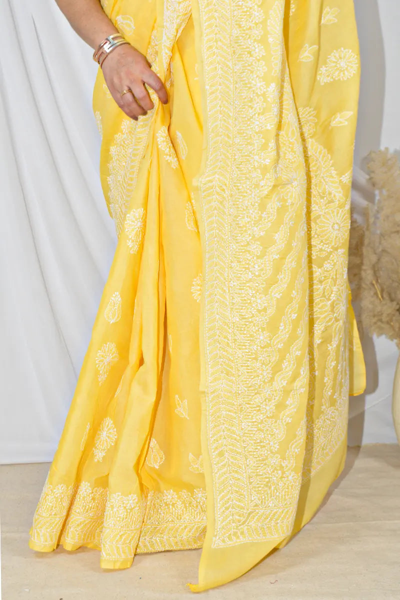 Yellow Color Cotton Lucknowi Chikankari Designer Saree Embroidery and Blouse – Perfect for Weddings & Festive Wear.