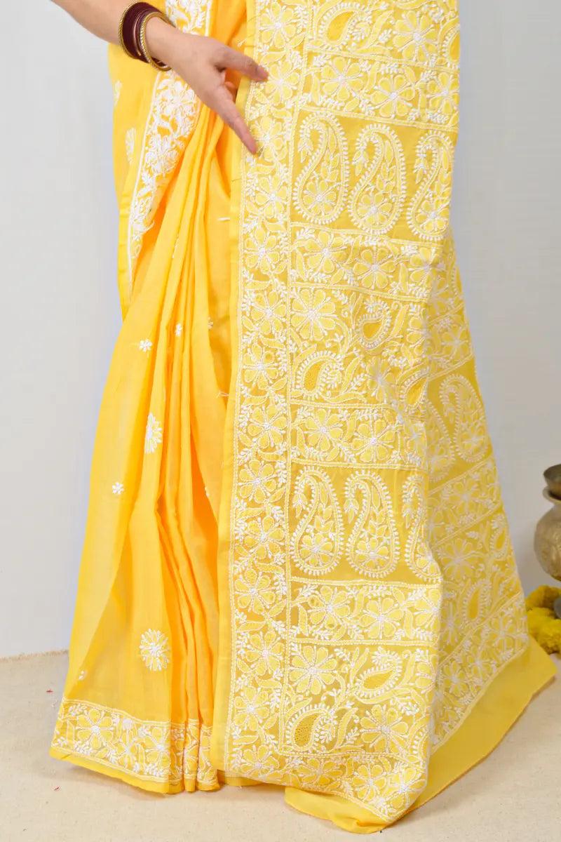 Yellow cotton saree with hand-embroidered Lucknowi Chikankari and matching blouse – handcrafted ethnic wear by MeMaana.