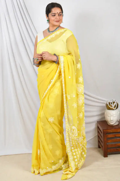 Yellow Color Georgette Designer Lucknowi Chikankari Saree With pearl & Sequin Work Embroidery and Blouse – Perfect for Weddings & Festive Wear.
