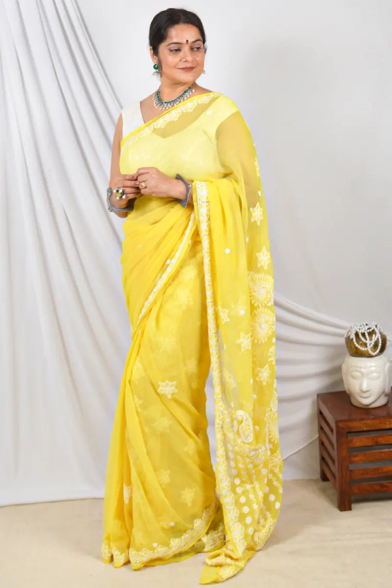 Yellow Color Georgette Designer Lucknowi Chikankari Saree With pearl & Sequin Work Embroidery and Blouse – Perfect for Weddings & Festive Wear.