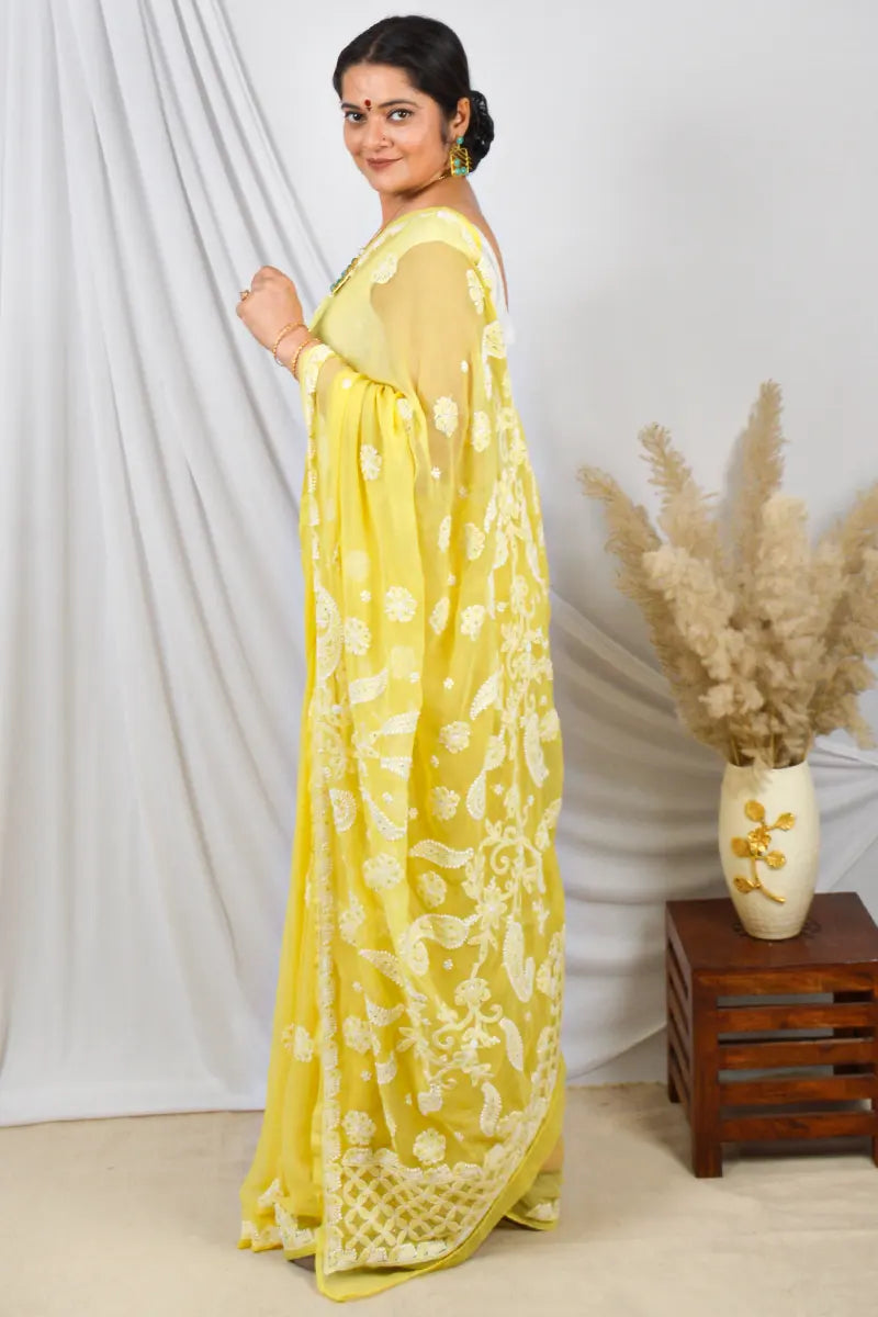 Fabnuma Handcrafted Yellow Georgette Mukaish Work Lucknowi Chikankari Saree with Blouse