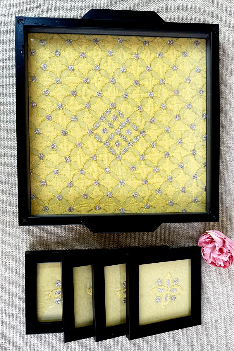 Yellow Handcrafted Lucknowi Chikankari Tray & Tea Coaster Set With hand-embroidered Lucknowi Chikankari