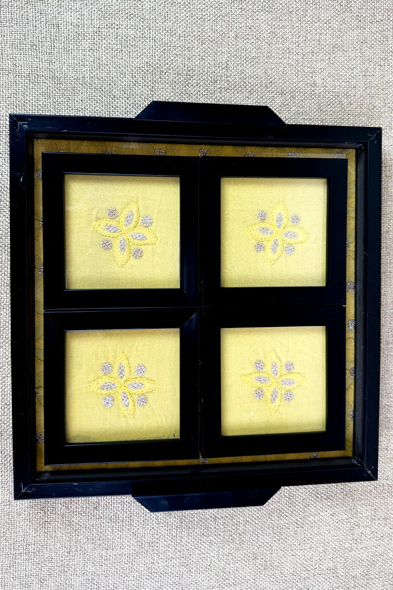 Yellow Handcrafted Lucknowi Chikankari Tray & Tea Coaster Set With hand-embroidered Lucknowi Chikankari