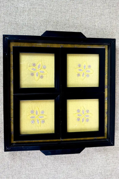 Yellow Handcrafted Lucknowi Chikankari Tray & Tea Coaster Set With hand-embroidered Lucknowi Chikankari