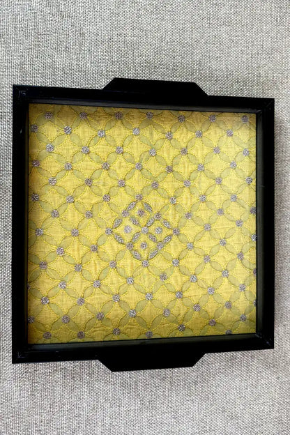Yellow Handcrafted Lucknowi Chikankari Tray & Tea Coaster Set With hand-embroidered Lucknowi Chikankari