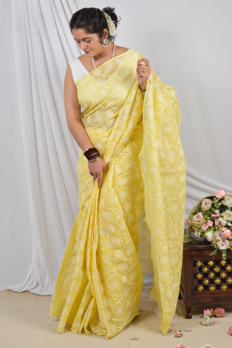 Handcrafted Yellow Allover Kota Cotton saree with intricate Lucknowi Chikankari embroidery and a matching blouse, ideal for festive and wedding .