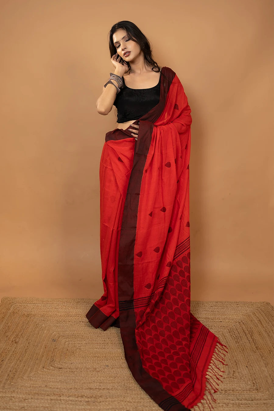 Airloom Edit red Bengal handloom khadi cotton saree