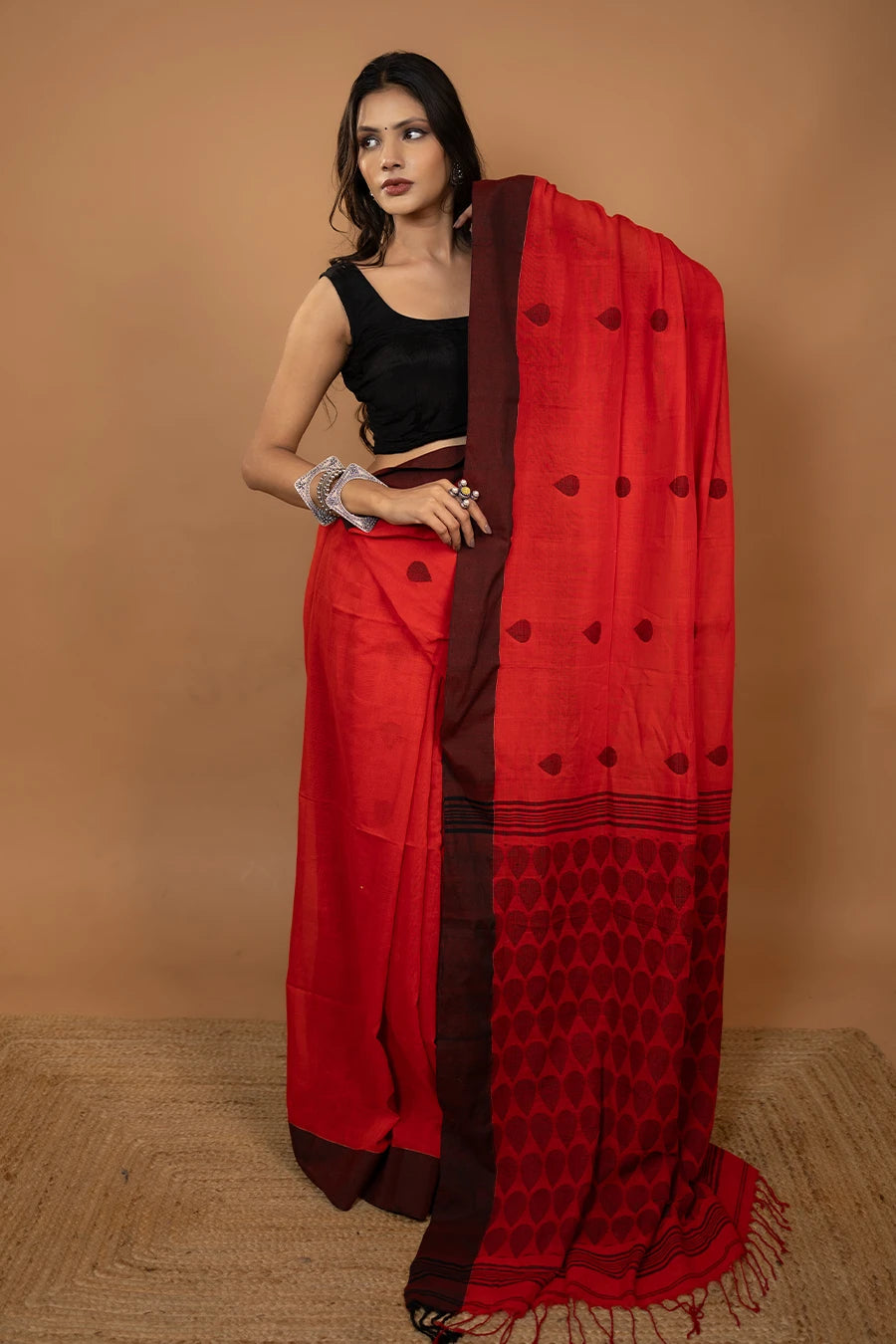 Airloom Edit red Bengal handloom khadi cotton saree
