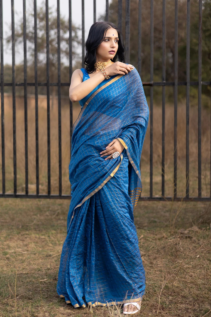 Woman in a blue saree standing outdoors with a metal fence and grassy area in the background.