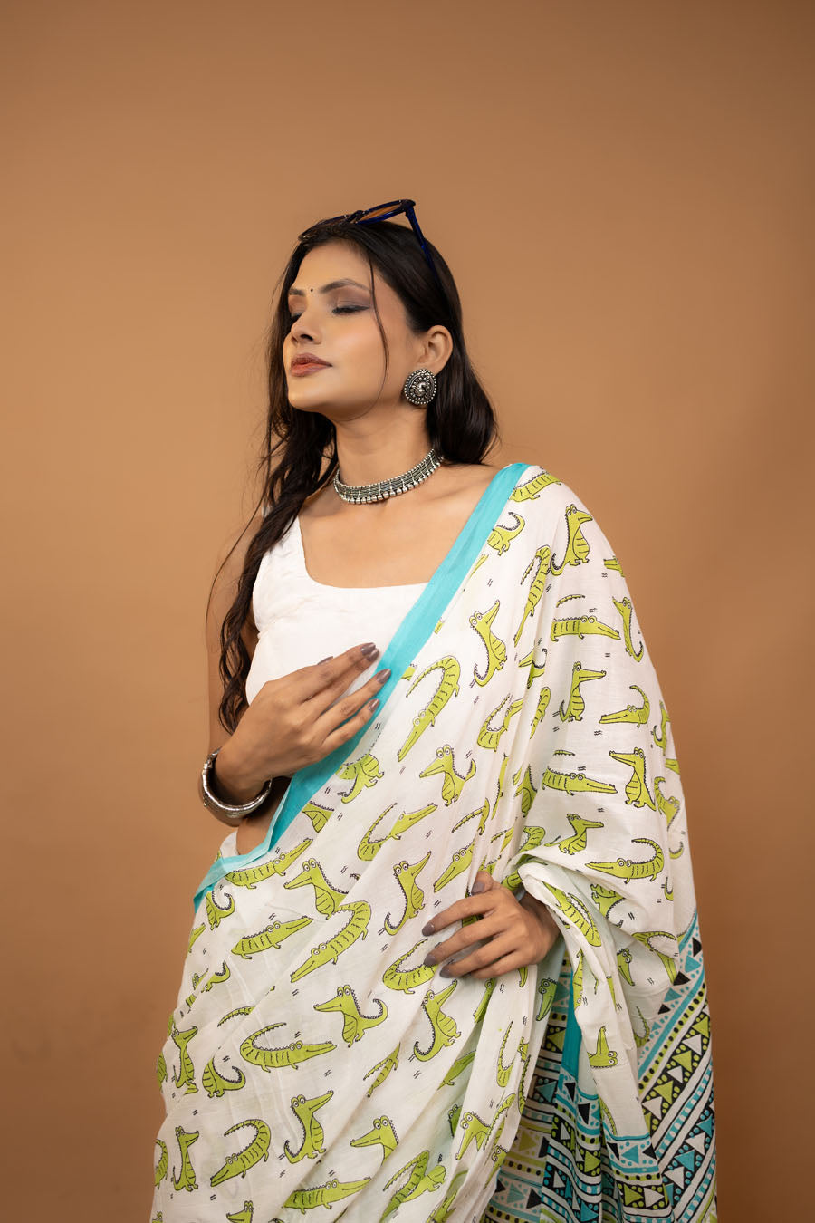 White hand block printed mulmul cotton saree with crocodile pattern