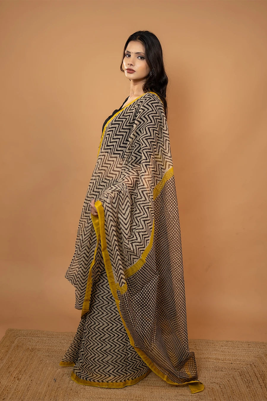 Sheer Grace black zig zag hand block printed pure kota cotton saree