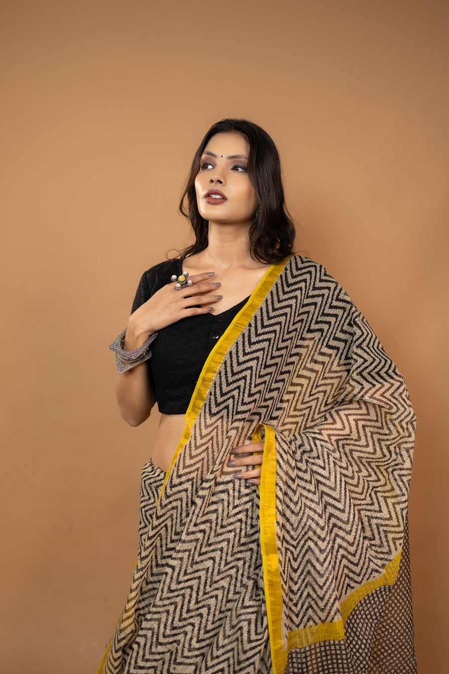 Sheer Grace black zig zag hand block printed pure kota cotton saree