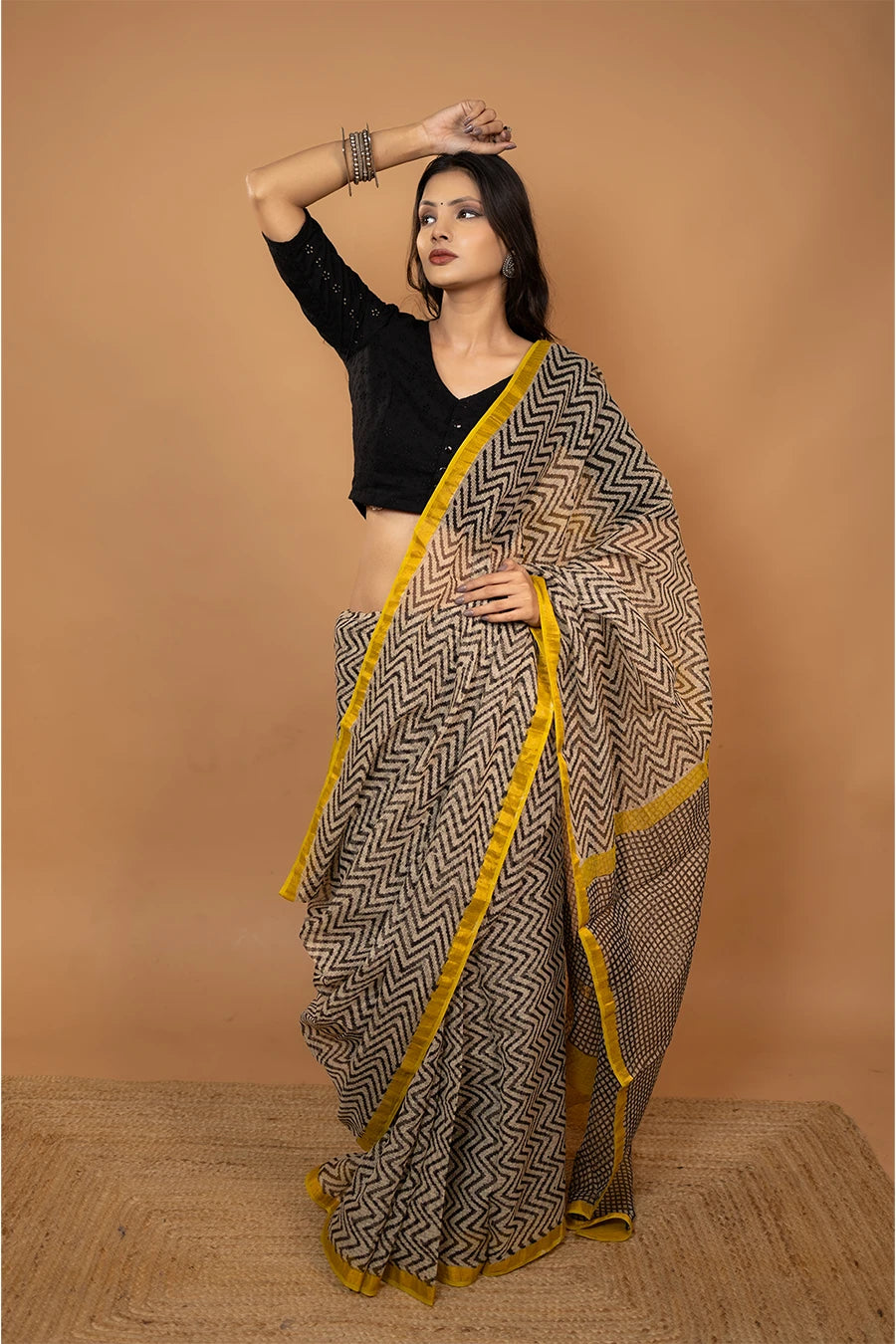 Sheer Grace black zig zag hand block printed pure kota cotton saree