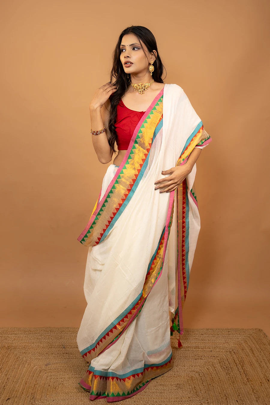 Chaand cream pure mul cotton saree with zari border