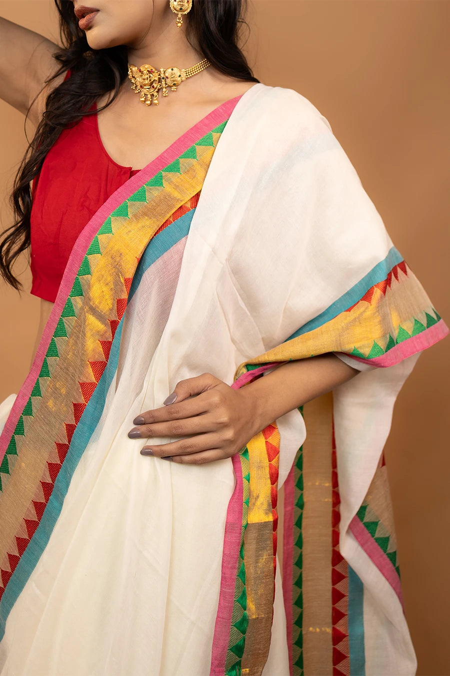 Chaand cream pure mul cotton saree with zari border